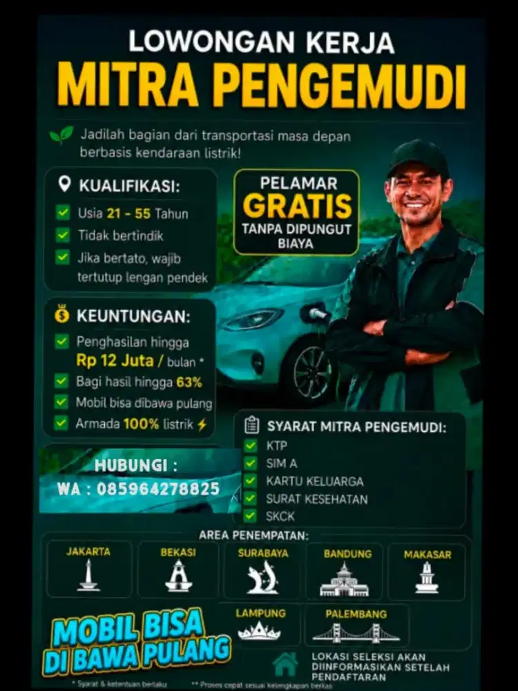 LOWONGAN KERJA 
MITRA PENGEMUDI MOBIL LISTRIK