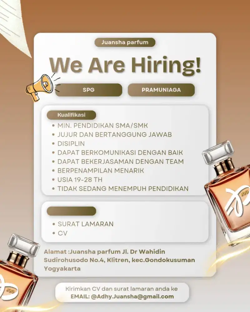 Di Butuhkan Pramuniaga Cewek Untuk Toko Parfum