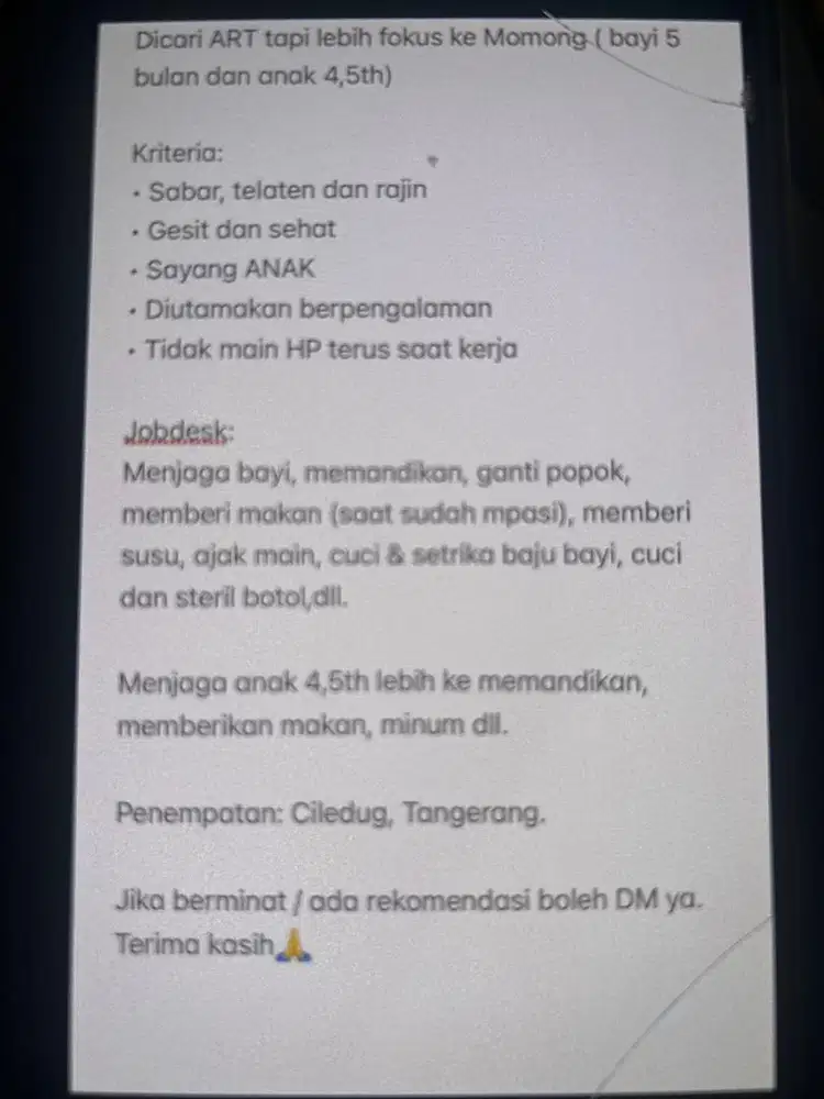 Dibutuhkan segera ART - Momong (menginap)