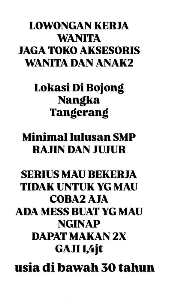 LOWONGAN KERJA WANITA JAGA TOKO AKSESORIS