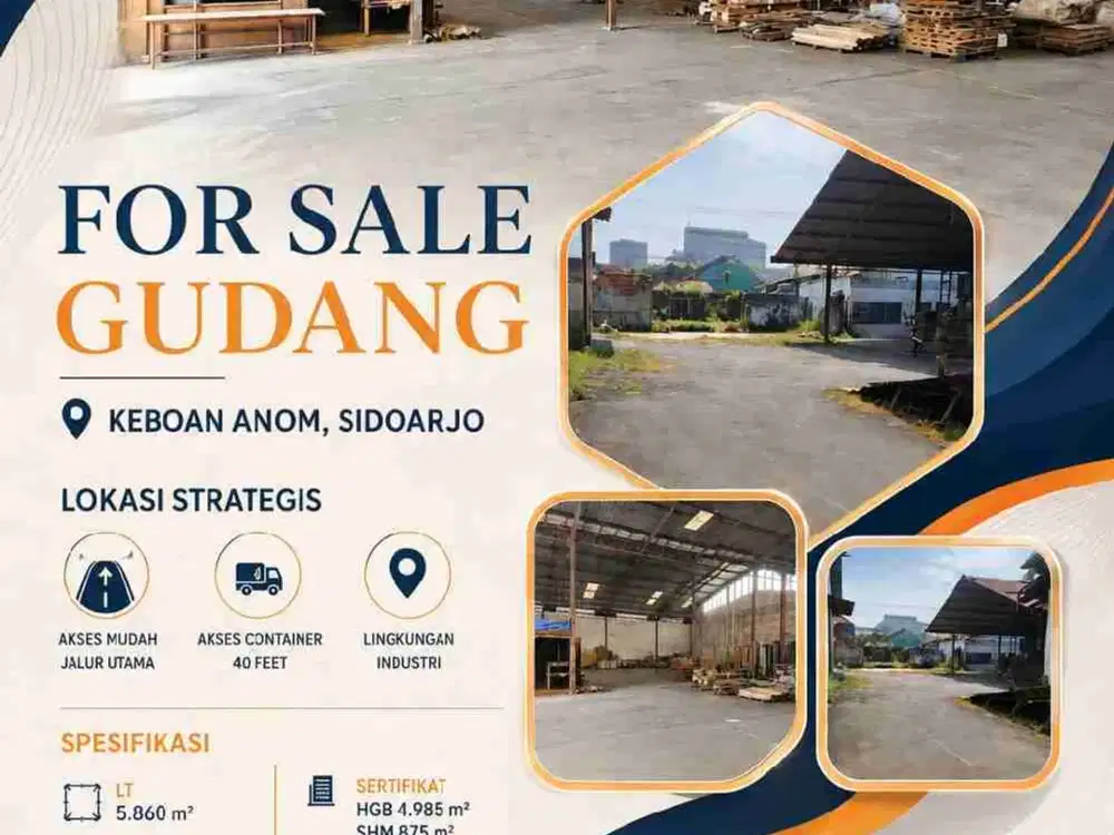 FOR SALE GUDANG MURAH HITUNG TANAH LOKASI STRATEGIS DI GEDANGAN SIDOARJO

LOKASI STRATEGIS
Akses Container 40'

LT 5.860m²
Dimensi: +-75m×78m
Luas Gudang: +-2600m²
HGB 4985m²
SHM 875m²
a/n perorangan
KM 4 | Selatan
R. Kantor 150m2
PLN 2200 | Air Sumur

Ha