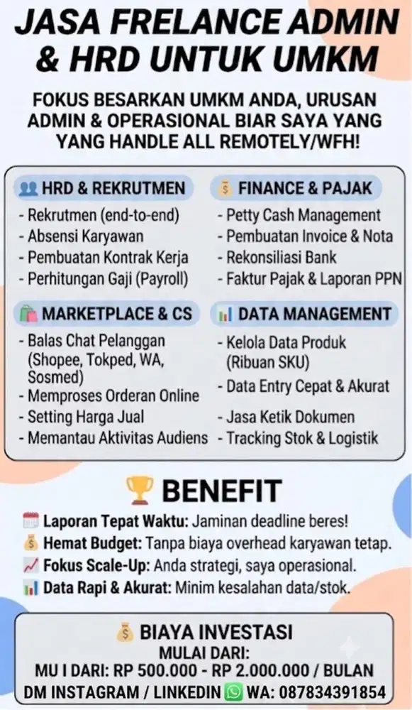 Jasa Freelance Admin, HRD & Finance Remote (Mulai 500rb/Bulan)