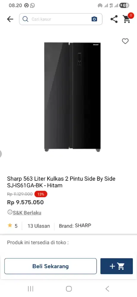 Sharp 563 liter kulkas 2 pintu side by side is61ga