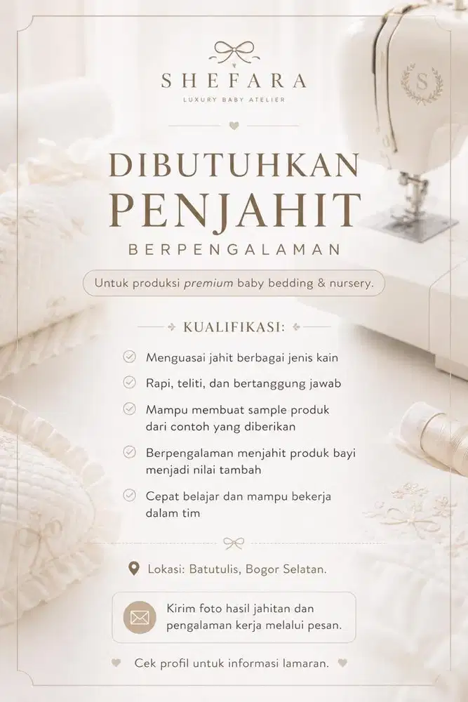 Dibutuhkan Penjahit Sample & Produksi - Bogor Selatan
