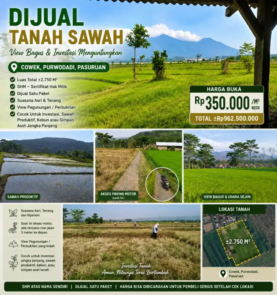 Dijual Tanah Sawah Strategis Cocok Investasi
