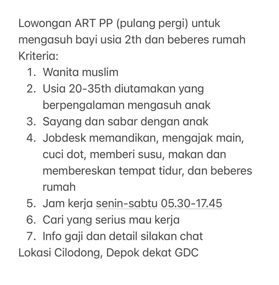 Lowongan ART & Mengasuh Pulang Pergi (PP)