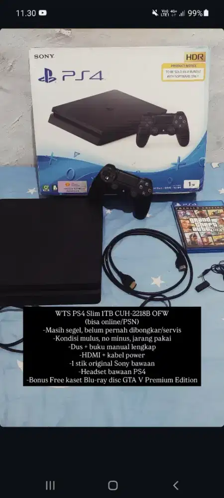 PS4 Slim 1TB Seri Akhir CUH-2218B Fullset Segel Void Sony + GTA V Reg3
