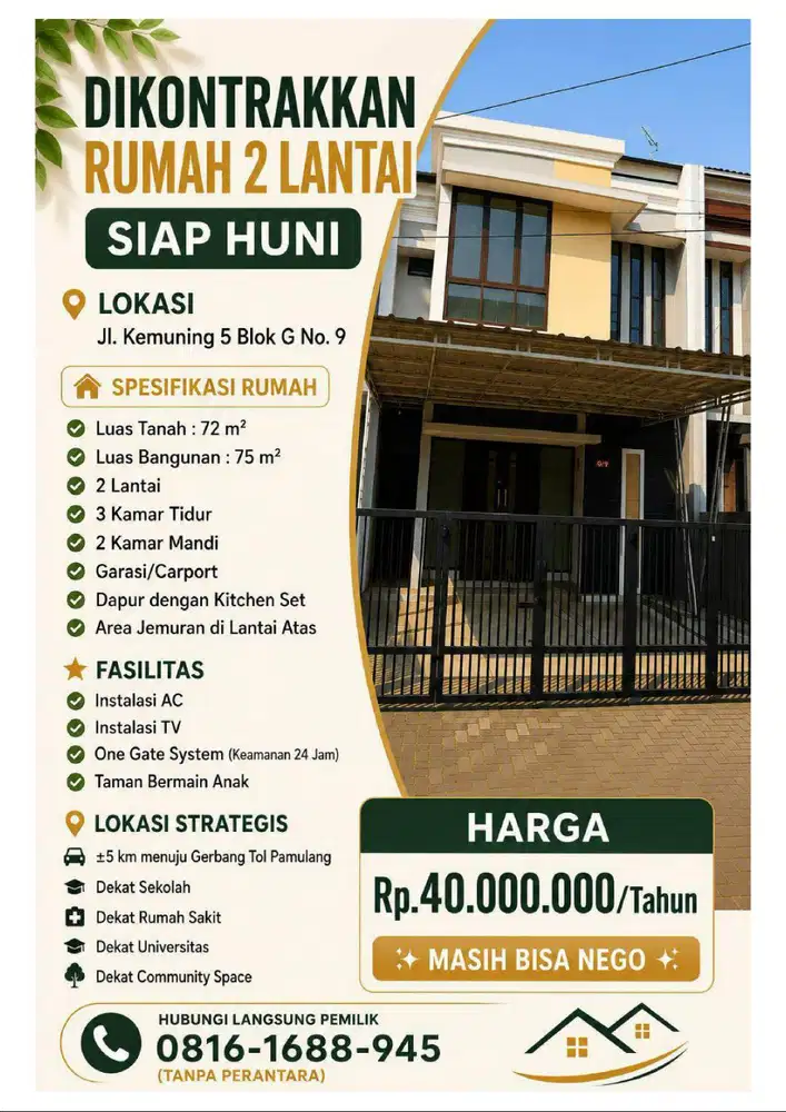 Rumah Dikontrakkan 2 Lantai di Pamulang Park Residence (PPR)