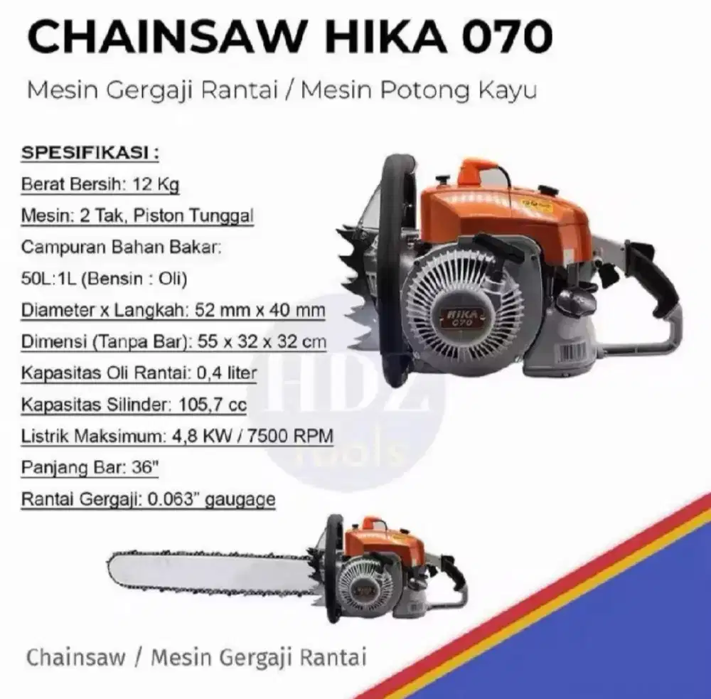 HIKA Mesin Gergaji Kayu + Rantai dan Bar 36 HN 070 / 700. Chainsaw