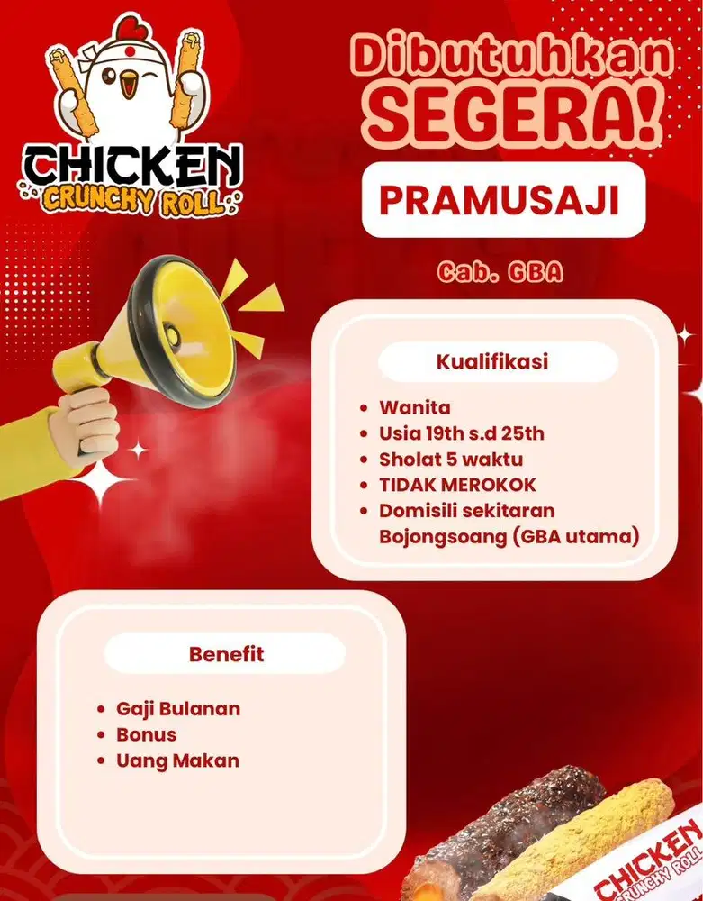 Lowongan kerja pramusaji Chicken crunchy Roll GBA