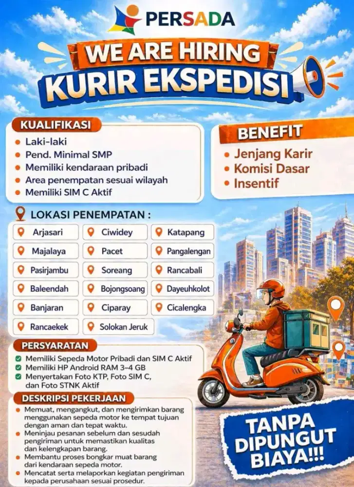 Ditbutuhkan Kurir expedisi untuk area CILEUNYI dan sekitarnya