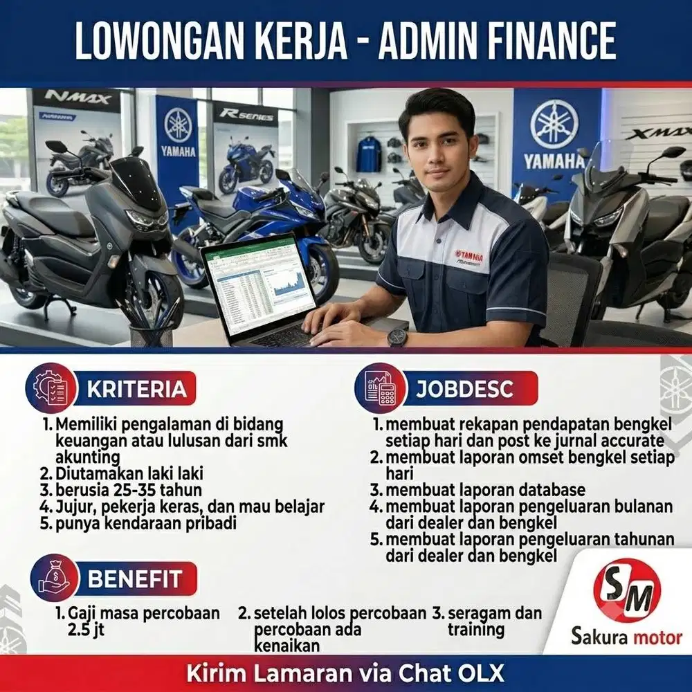 Lowongan Staff Admin Finance / Keuangan - Yamaha Sakura Motor