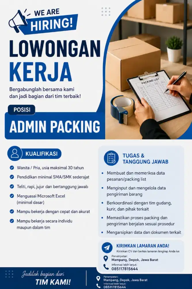 Lowongan kerja sebagai admin packing mampang depok