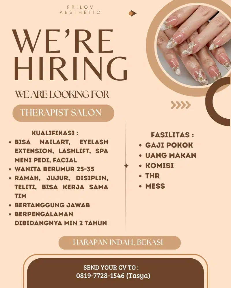 LOWONGAN KERJA THERAPIST NAILART & EYELASH UNTUK FRILOV AESTHETIC (BKS