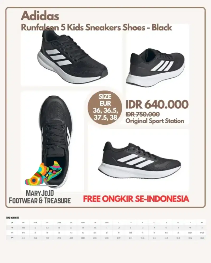 Adidas Runfalcon 5 Kids Sneakers Shoes - Black : Size 36-38.5