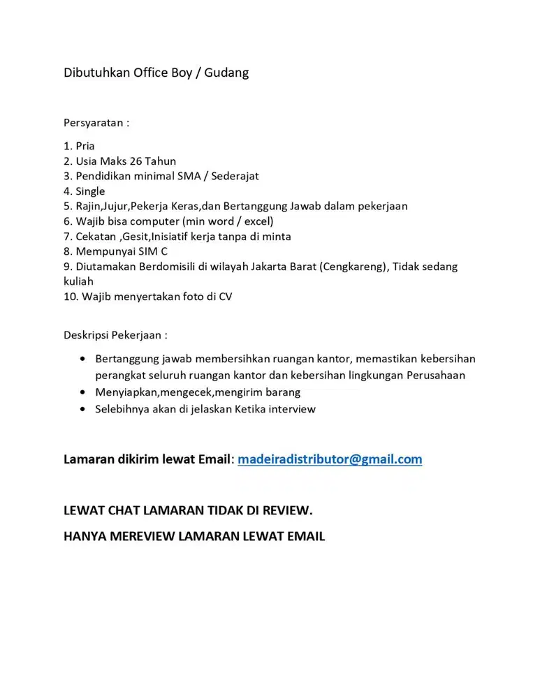 DI BUTUHKAN OFFICE BOY GUDANG