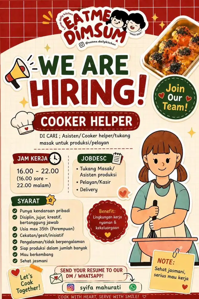 LOKER COOKING HELPER/PELAYAN/PRODUKSI