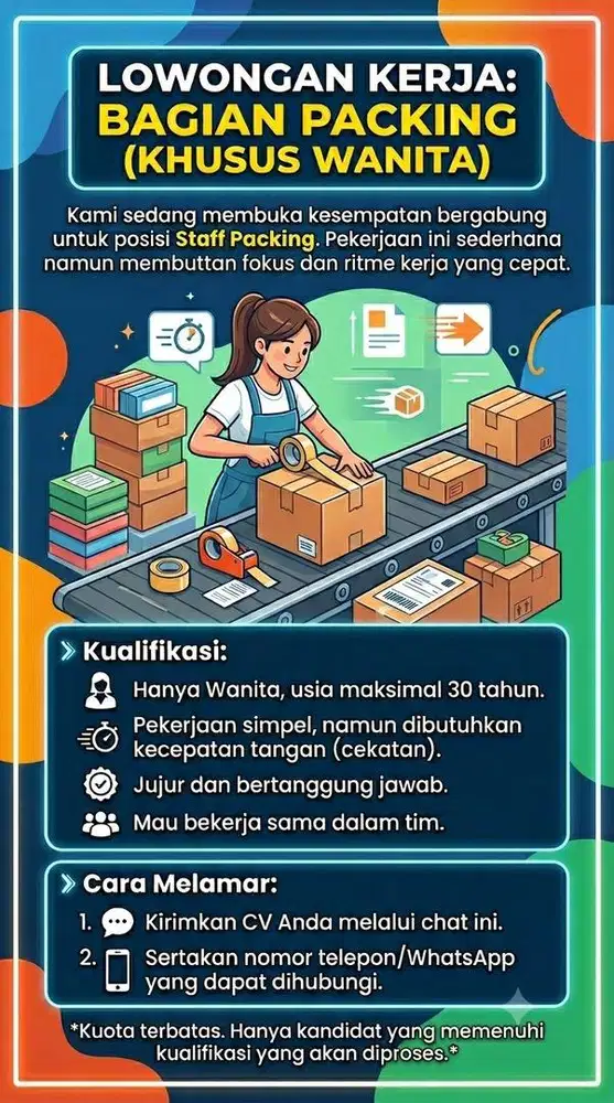 DIBUTUHKAN STAFF PACKING KHUSUS WANITA DAERAH PLUIT