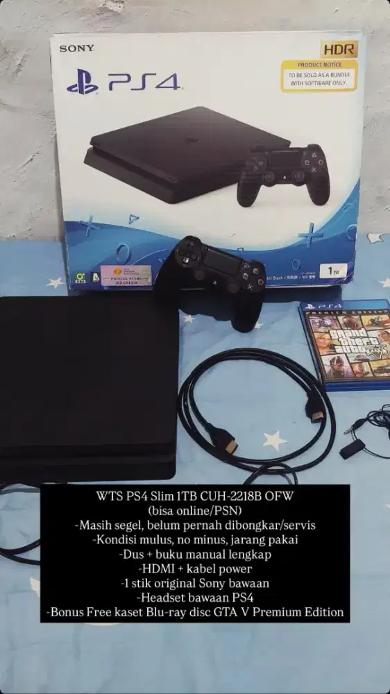 PS4 Slim 1TB Seri Akhir CUH-2218B Fullset Segel Void Sony + GTA V Reg3