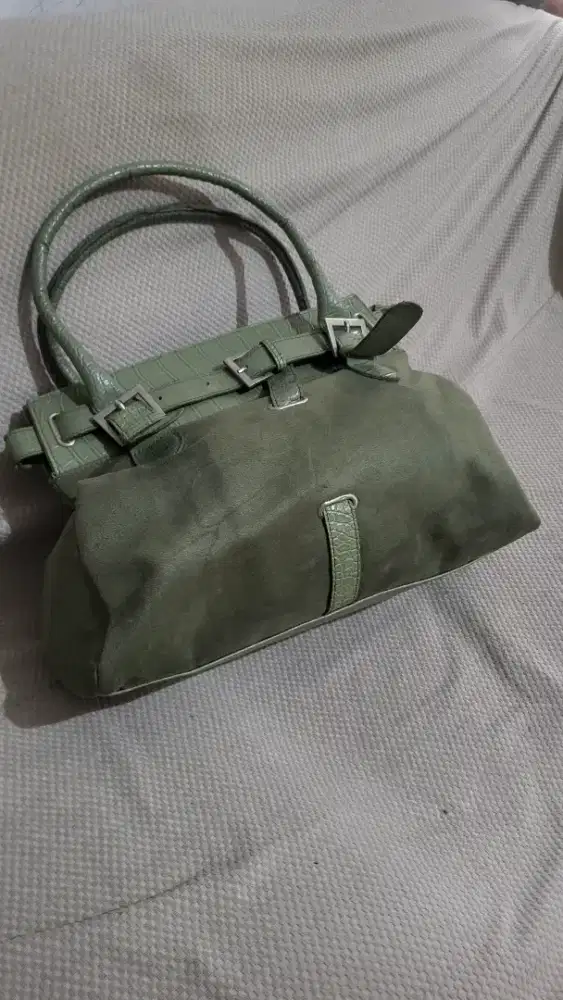 Tas Handbag Wanita Canvas & Leather Hijau Vintage Elegant