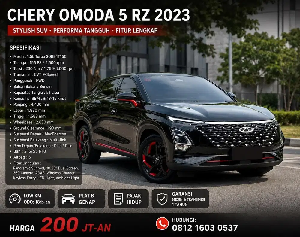 Chery Omoda 5 RZ Luxury 2023 Antik Low KM Murah Bekas Hitam Genap Top