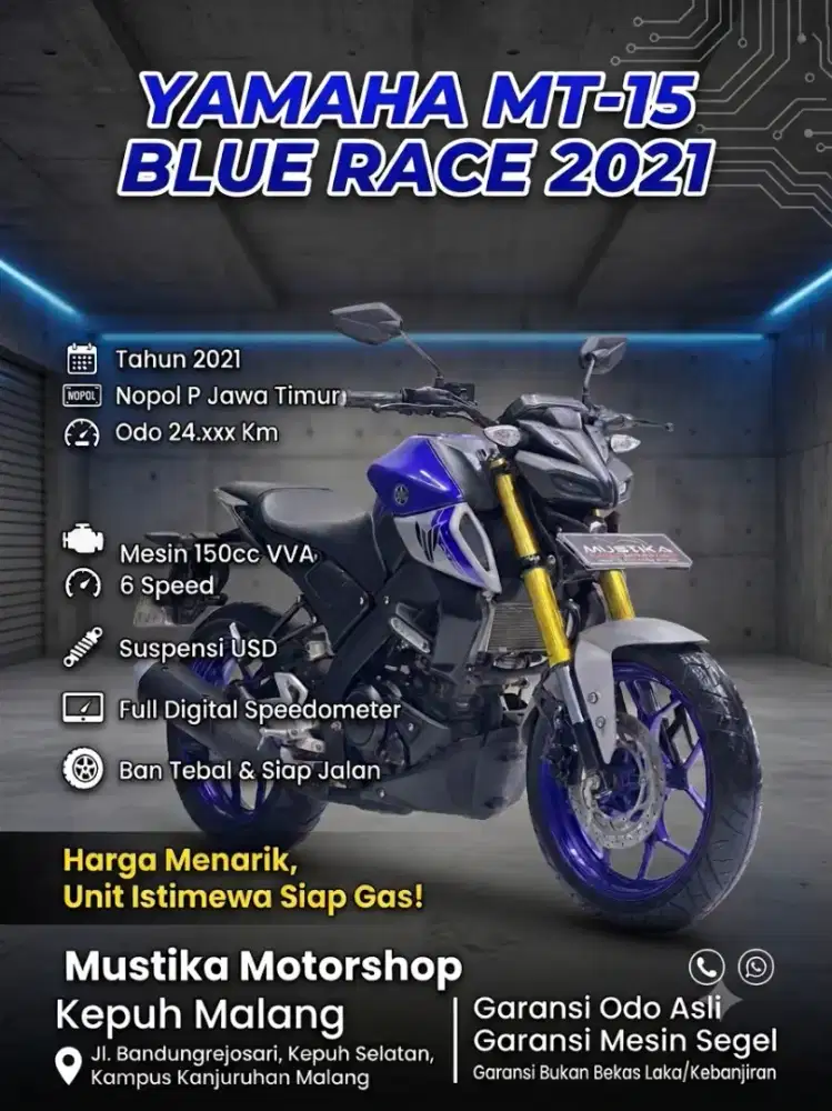 TERMURAH‼️ YAMAHA MT15 BLUE RACE TH 2021 MULUS NOPOL P PAJAK ON