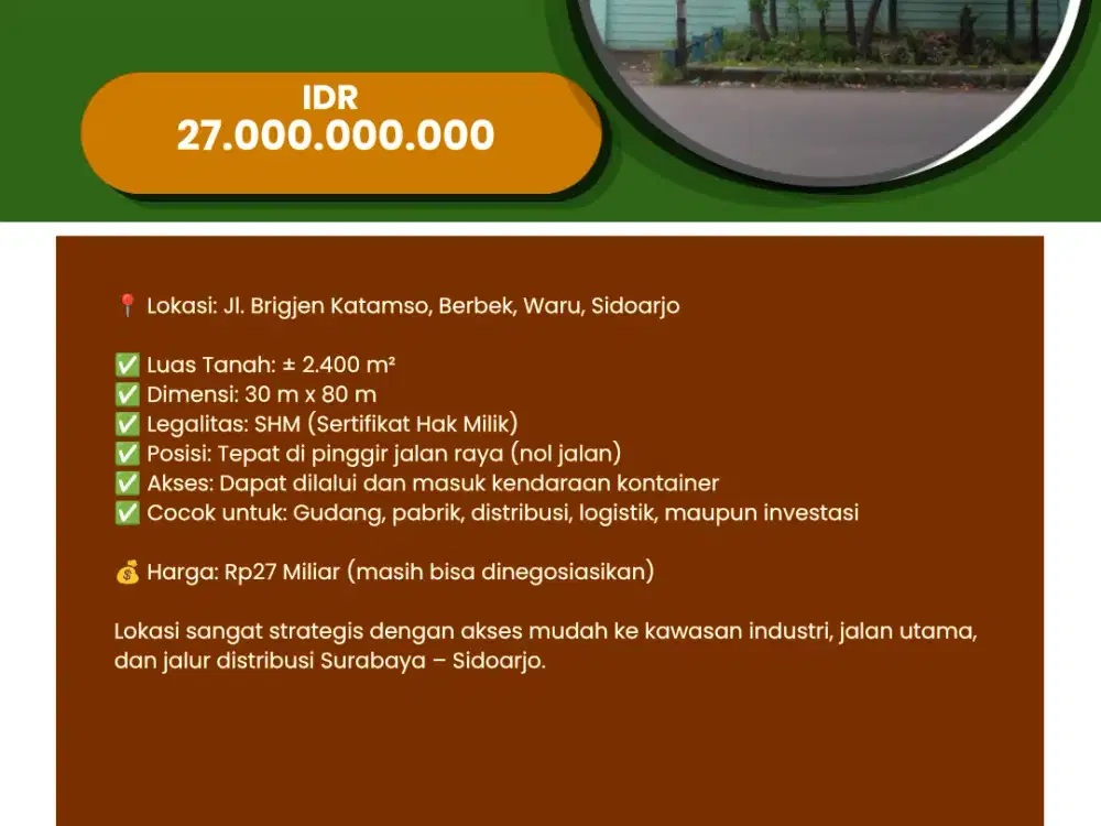 DIJUAL GUDANG STRATEGIS DI SIDOARJO  LT 2.400 METER
