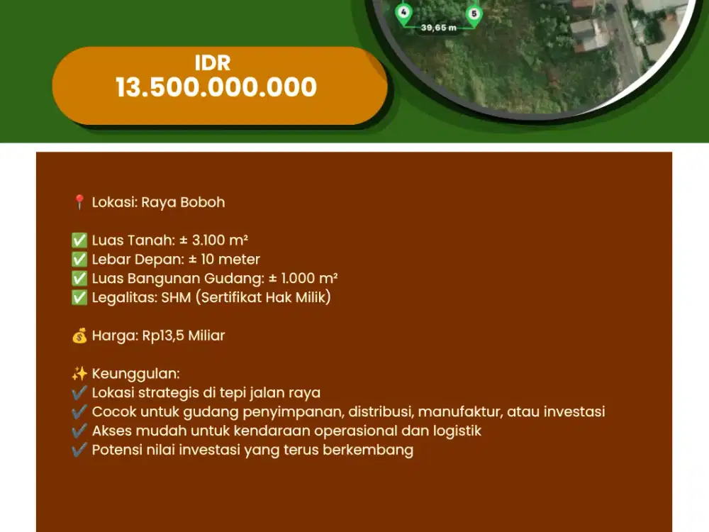 DIJUAL GUDANG STRATEGIS DI RAYA BOBOH