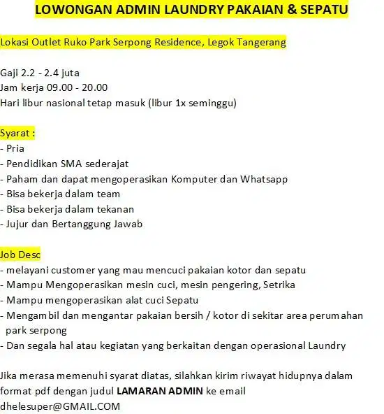 LOWONGAN ADMIN LAUNDRY PAKAIAN & SEPATU
