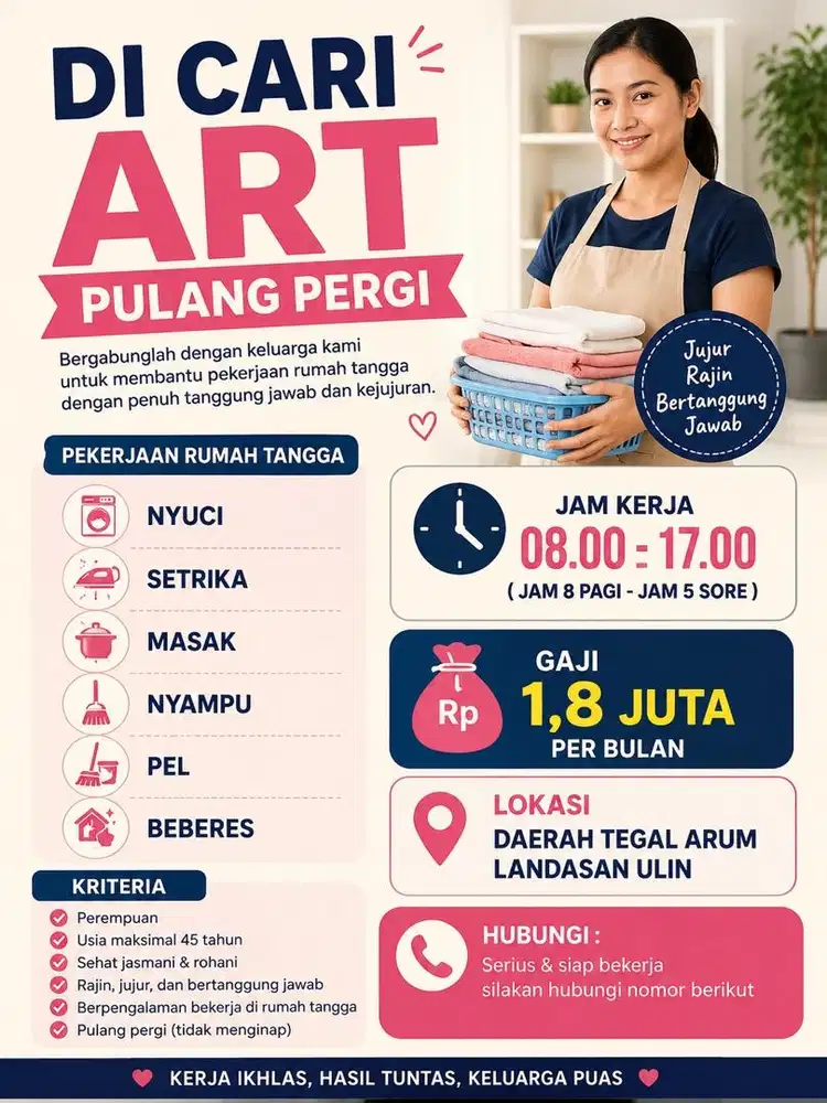 Di cari asisten rumah tangga ART