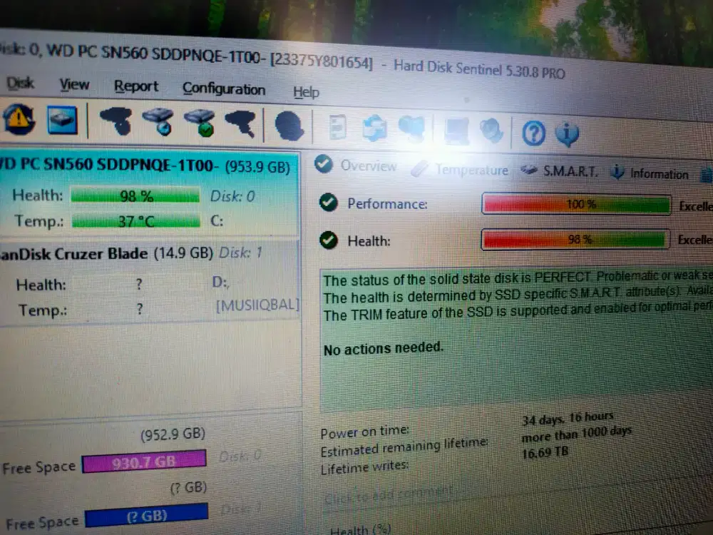 Dijual SSD NVME 1tb gen 4 merk WD Sentinel 100% 98% sudah ada windows