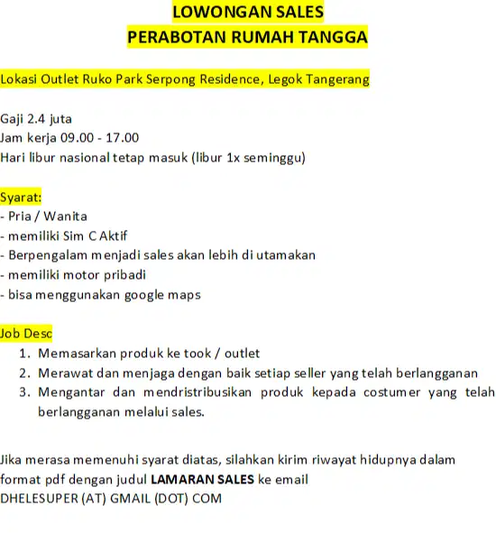 LOWONGAN SALES PERABOTAN RUMAH TANGGA PLASTIK