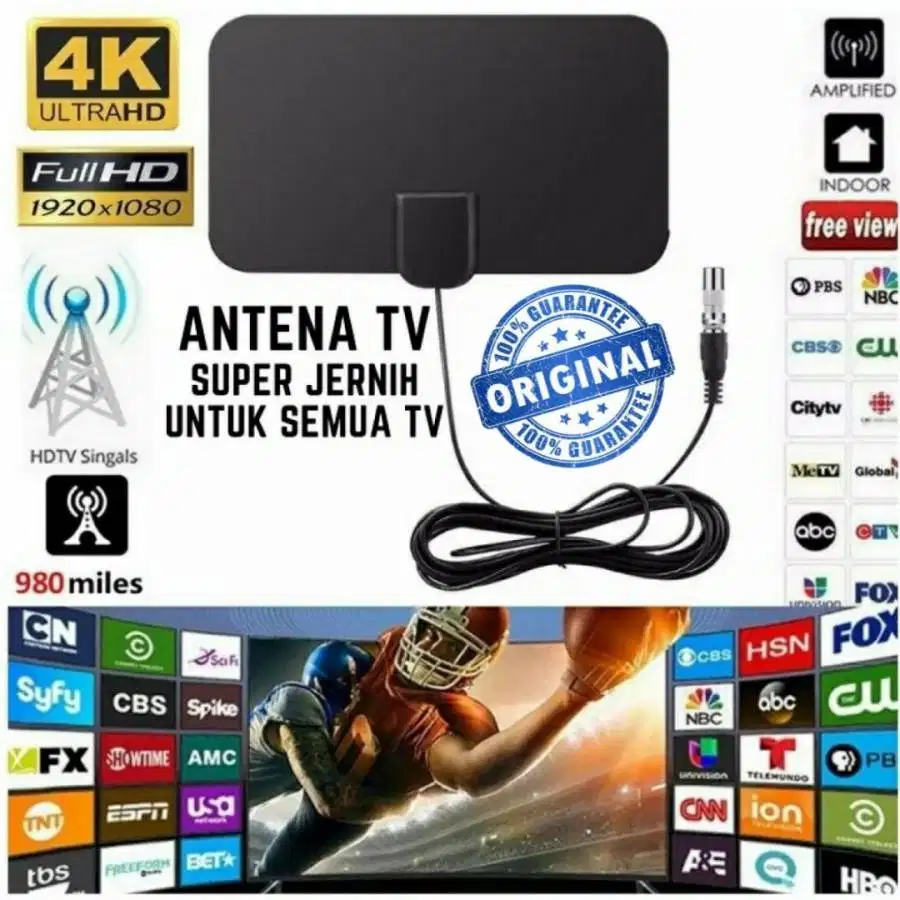 Antena TV Digital Indoor Outdoor Dalam Luar 4K 25dB Penguat Sinyal