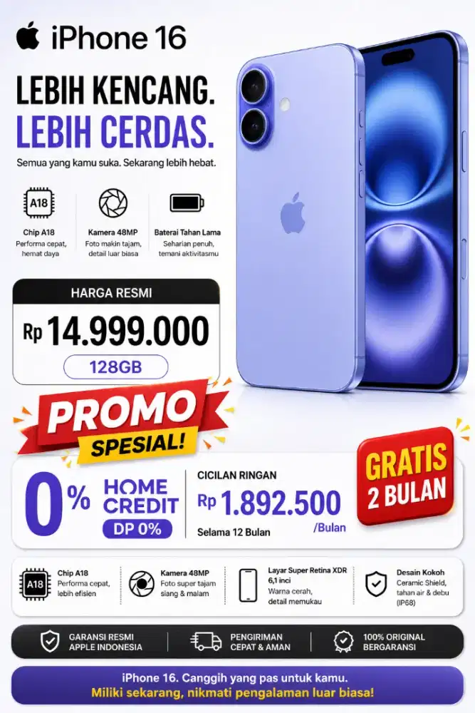 IPHONE 16 BASIC 128GB BARANG BARU BERGARANSI IBOX RESMI
