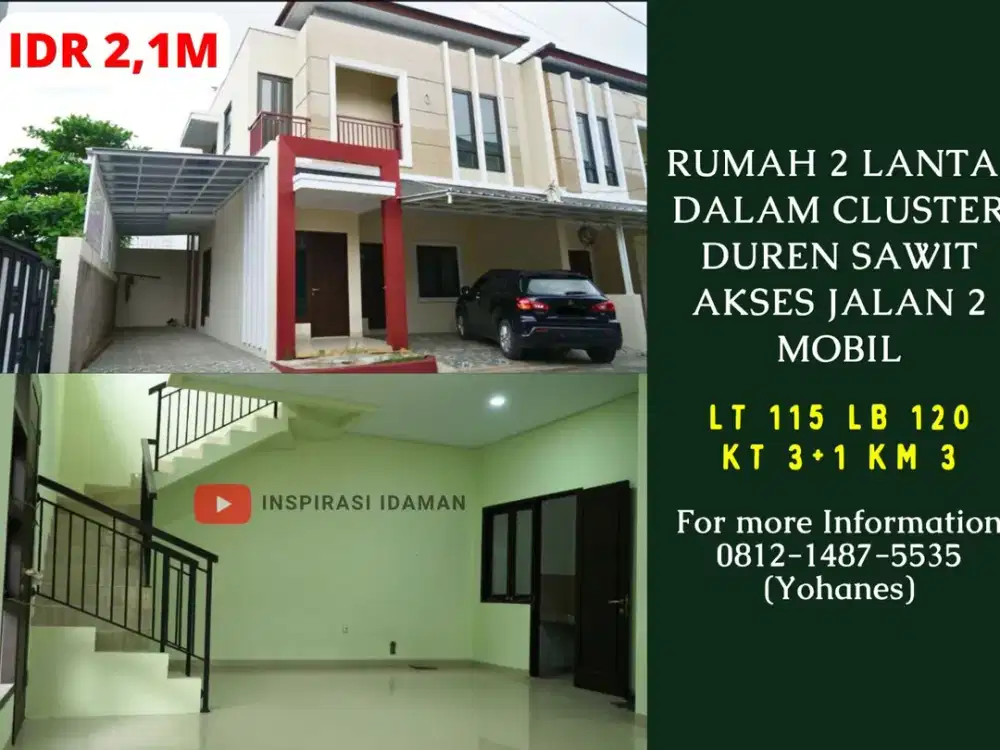 Rumah 2 Lantai dalam Cluster Duren Sawit Akses Jalan 2 Mobil