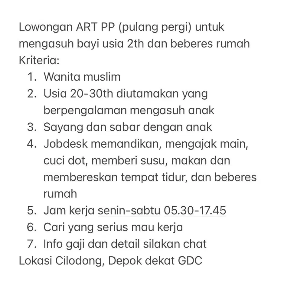 Lowongan ART & Mengasuh Pulang Pergi (PP)