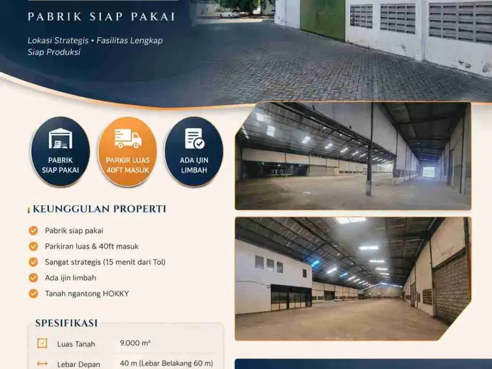 HOT LISTING EX PABRIK SIAP PAKAI HARGA SPESIAL DI GRESIK

Parkiran luas & 40ft
Strategis (15Menit ketol)
ada ijin limbah 
Tanah Ngantong HOKKY

LT 9.000 m² - *Lebar 40mtr*
 (Lbr Belakang 60Mtr)
LB 6800m²
SHM | Hadap selatan
Ada 6 pintu Loading
Listrik 330