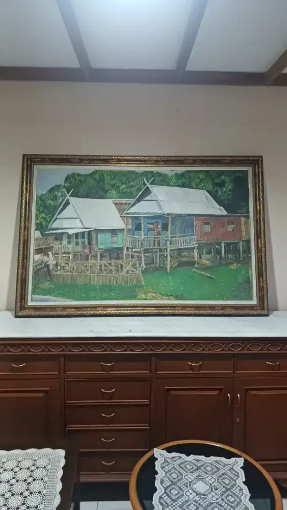 Lukisan Vintage Rumah Adat Size Besar Frame