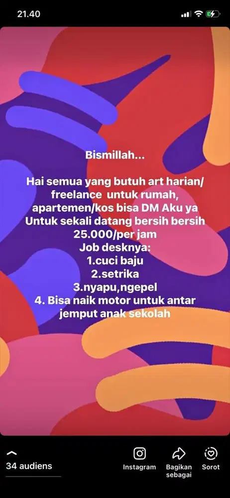 ART freelance harian upah perjam