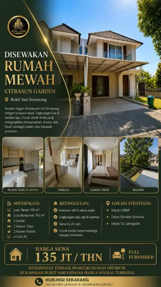 Rumah full furnished di sewakan cluster citrasun Garden Semarang