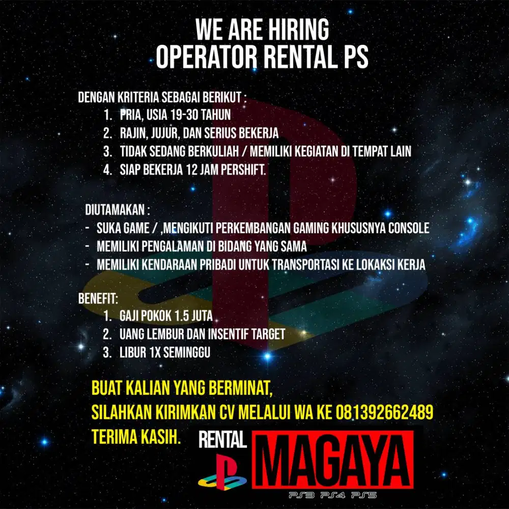 LOWONGAN KERJA KARYAWAN OPERATOR RENTAL PS (PLAYSTATION)