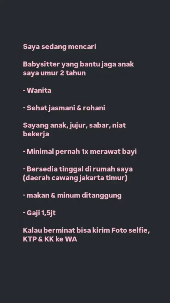 Cari Babysitter jaga anak 2 tahun