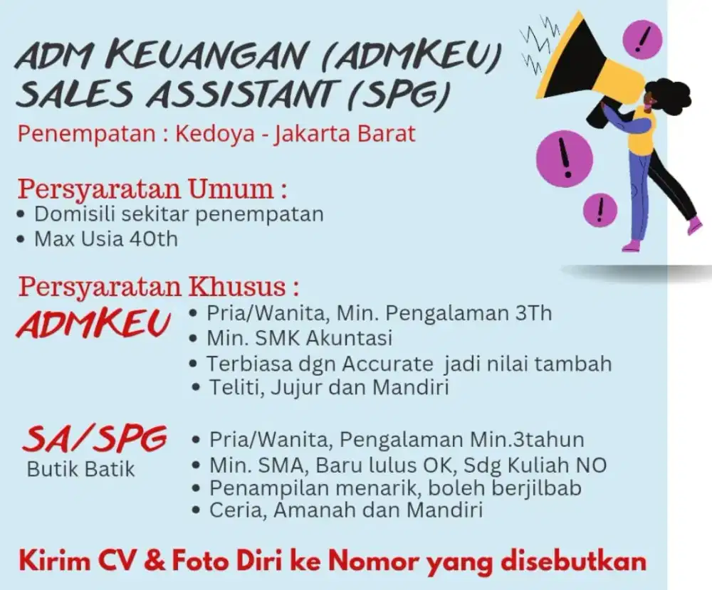 ADMIN Keuangan Dan SPG siap langsung kerja