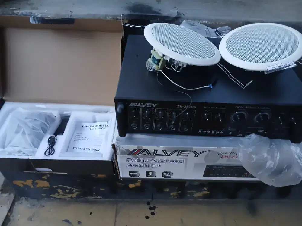 Amplifier bluotooth, microphone wirelees dan speaker plafon