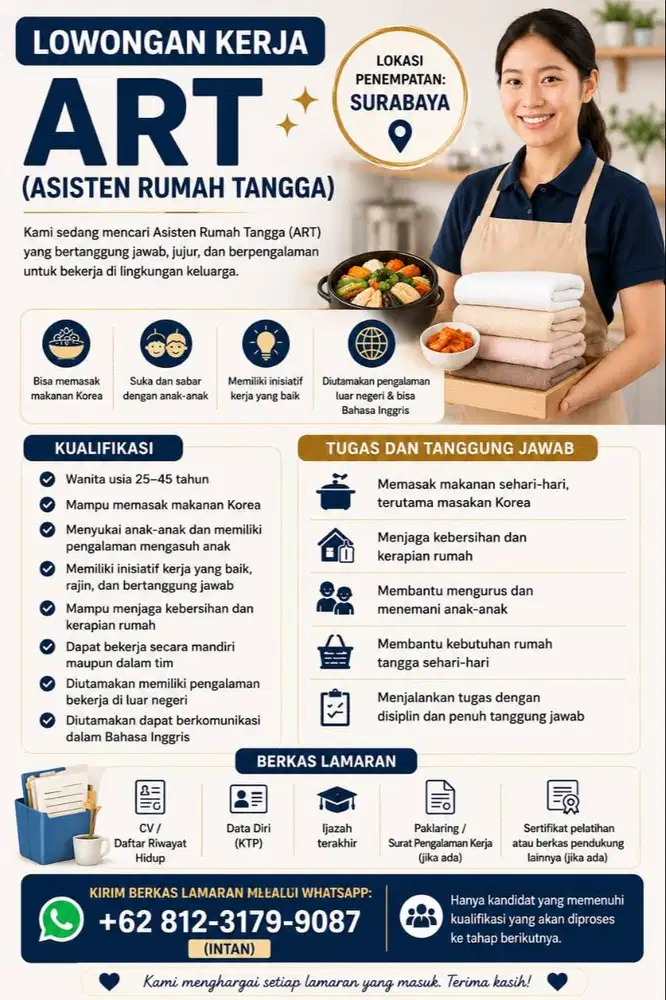 LOWONGAN KERJA ASISTEN RUMAH TANGGA (WANITA)