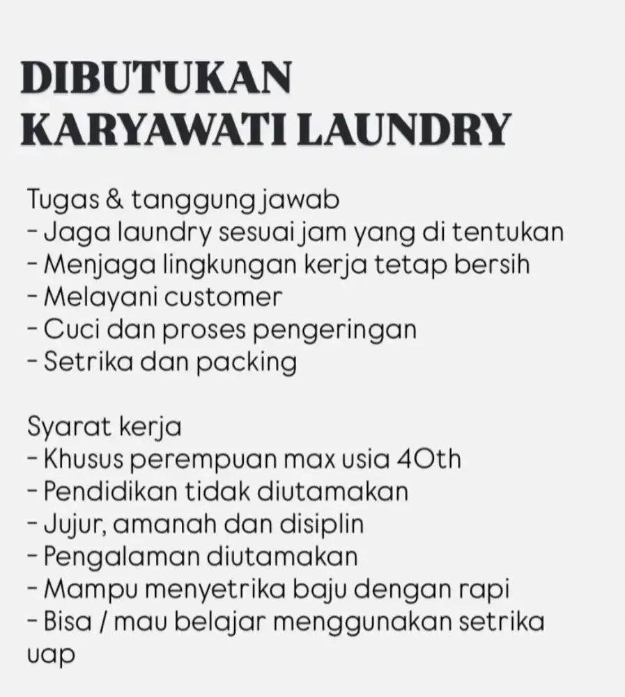 Mencari karyawan laudry akan di tempat kan di cikupa/ citra raya
