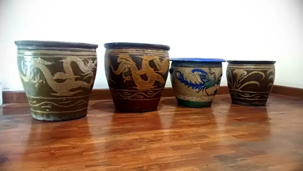 4 Vintage Chinese Egg Pot Jardiniere Planter motif Dragon
