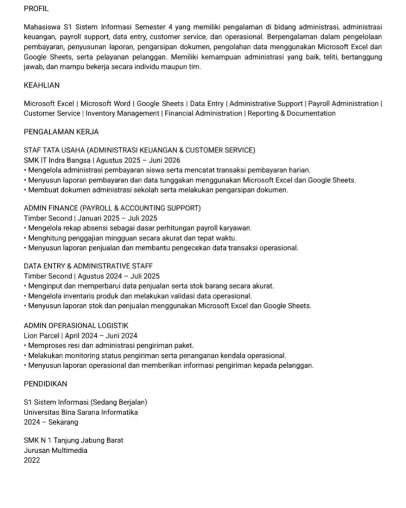 Mencari Pekerjaan Admin / Staff Administrasi / Admin Finance