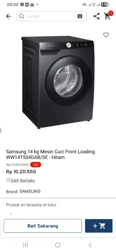 Samsung 14 kg mesin cuci front loading ww14t50