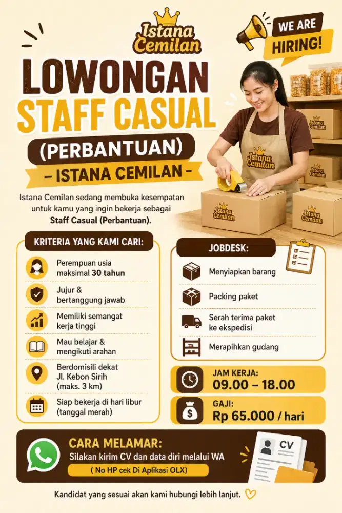 Mencari Staff Perbantuan ( Casual ) Harian untuk Online Shop